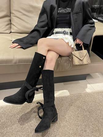 Autumn & Winter New Arrival Women's Long Boots With Square Toe, Thick Heel And Medium Heel Design, Fashionable And Slimming