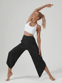 Women's High-waist Yoga Wide Leg Pants With Pockets, Curved Cut-out Hem And Side Slit, Sporty And Casual Loose Fit Capri Pants