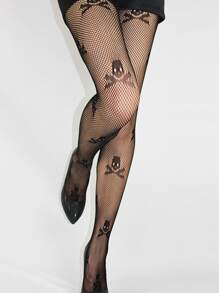 1 chiếc tất lưới đen họa tiết đầu lâu khoét rỗng, phong cách Gothic dùng cho đồng phục học sinh, dùng trong lễ Halloween - màu đen - Xem 4