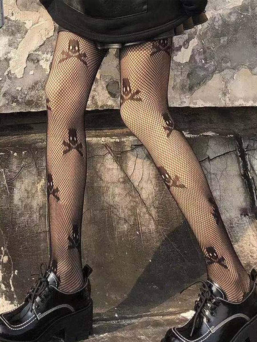 1pc Skull Design Fishnet Black Stockings, Hollow Out, Sexy Dark Gothic Style For Halloween - Black - View 1
