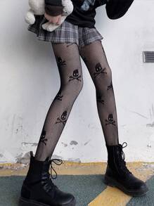 1 chiếc tất lưới đen họa tiết đầu lâu khoét rỗng, phong cách Gothic dùng cho đồng phục học sinh, dùng trong lễ Halloween - màu đen - Xem 1