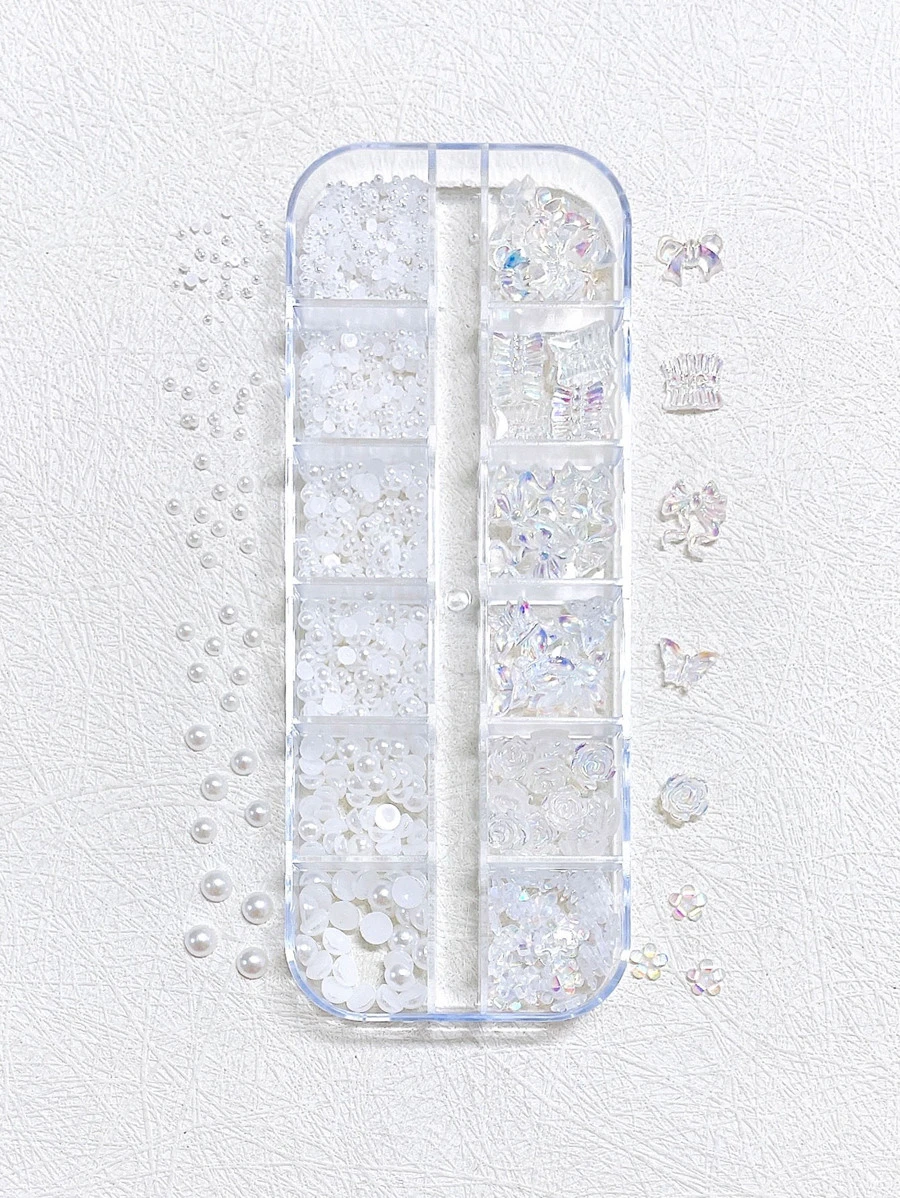 1 盒半透明仿珍珠美甲装饰，混合颜色 DIY 指甲饰物美甲宝石美甲用品指甲 - 白色 - 查看 1