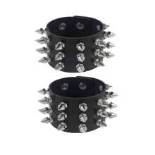 2Pcs/Set Punk Three Row Cuspidal Spikes Rivet Stud Bracelets Wide Cuff PU Leather Punk Gothic Rock Unisex Bracelet Men Jewelry Leather Bracelet Bangle