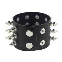2Pcs/Set Punk Three Row Cuspidal Spikes Rivet Stud Bracelets Wide Cuff PU Leather Punk Gothic Rock Unisex Bracelet Men Jewelry Leather Bracelet Bangle