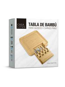 CASA LITUS Tabla para Quesos de Madera de Bambú, con Compartimento para Cuchillos, Tenedores y Espátulas (Incluidos), Tabla para Servir Botanas y Carnes Frías, Resistente al Agua, Fácil de Limpiar