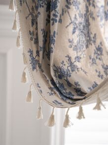 2入組波西米亞風格花卉印花半透明復古窗簾,藍色和米色流蘇裝飾,適用於客廳、臥室、廚房、餐廳、健身房、咖啡廳等場所。 - 米色 - 查看 3