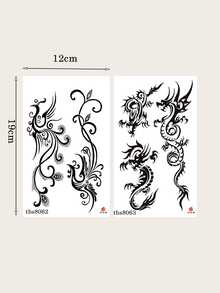 2 piezas/set Etiqueta engomada del tatuaje temporal fénix & en forma de dragón adecuado para de parejas usar - Negro - Ver 3