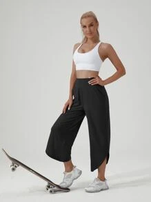Women's High-waist Yoga Wide Leg Pants With Pockets, Curved Cut-out Hem And Side Slit, Sporty And Casual Loose Fit Capri Pants