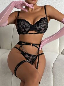 5入組女士性感蕾絲有鋼圈內衣+內褲+鍊條腰帶+腿環套裝 - 黑色 - 查看 6