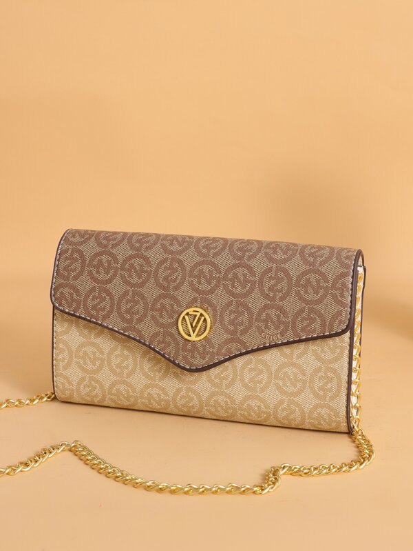 حقيبة كتف كاجوال من جلد البولي يوريثان باللونين بطباعة حرفية ، حقيبة مظروف ، حقيبة كتف بسلسلة ، حقيبة عبر الجسم للنساء ، عصرية ومتنوعة الاستخدام