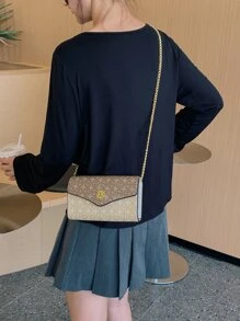 时尚 PU 皮革双色字母印花休闲单肩包、信封包、链条单肩包、女士斜挎包，时尚百搭 - 卡其色 - 查看 4