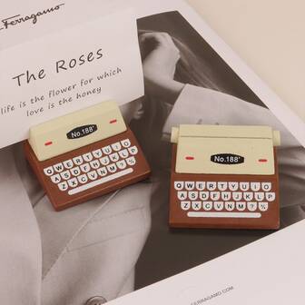 1入復古迷你印表機風格相片備忘夾,附木質底座,適用於桌上裝飾