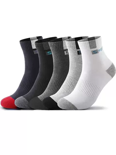 5 pares de calcetines de media caña con estampado de letras de estilo atlético para hombres, talla única para calzado de hombre estadounidense del 6 al 9, otoño