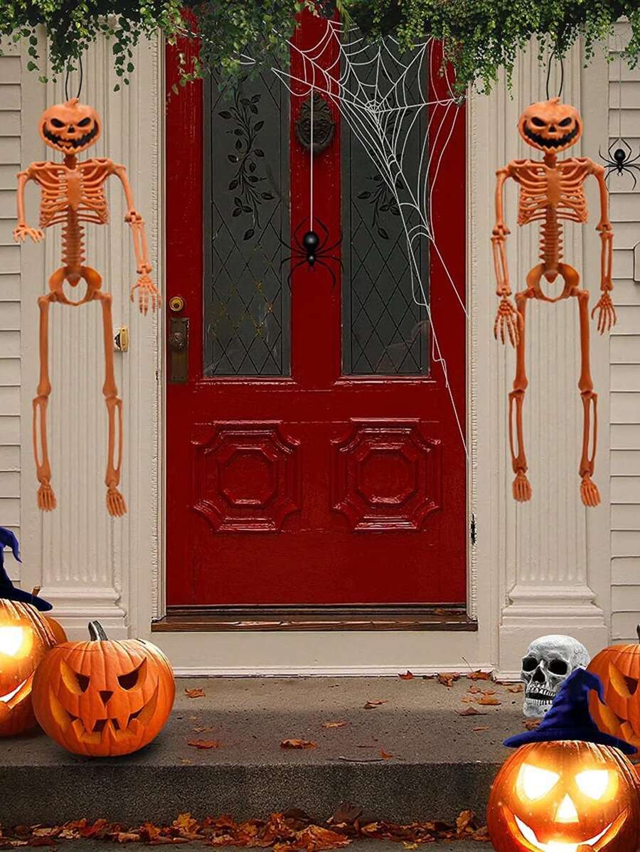 1pc Orange Pumpkin Skeleton, Halloween Haunted House Stage Decoration Prop, Three-dimensional Skull Skeleton With Orange Pumpkin Head, Horror Skeleton - Orange - View 1
