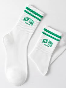 1 Pair Women's Letter Double-Bar Mid-Calf Socks NEW YORK Brooklyn Fashionable All-Match Soft & Comfortable Sports Socks Suitable For Festivals/Gifts/Home Wear/Back To School/Travel
