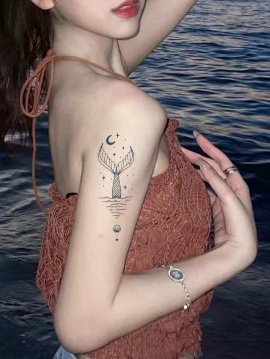 美人魚尾設計防水臨時紋身貼貼紙適用於女孩性感手臂和 - 黑色 - 查看 1