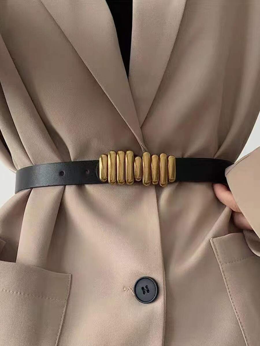 1 件女士复古 PU 腰带，带金扣装饰，时尚配饰，适合夏季休闲装或外套、秋季学校装、万圣节 - 金色 - 查看 1