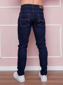 Calça Jeans Masculina com Elastano Modelagem Slim Fit Casual Confortável Básica - Lavagem escura - Visão 4