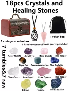 18pcs Healing Crystals Set Real Crystals And Healing Stones Kit Energy Crystals For Beginners Meditation Yoga 7 Natural Tumbled Crystals And 7 Raw Chakra Stones Rose Quartz Pendulum Fengshui Hand-Woven Nut Bag Velvet Bag Wooden Chest Box Set Best