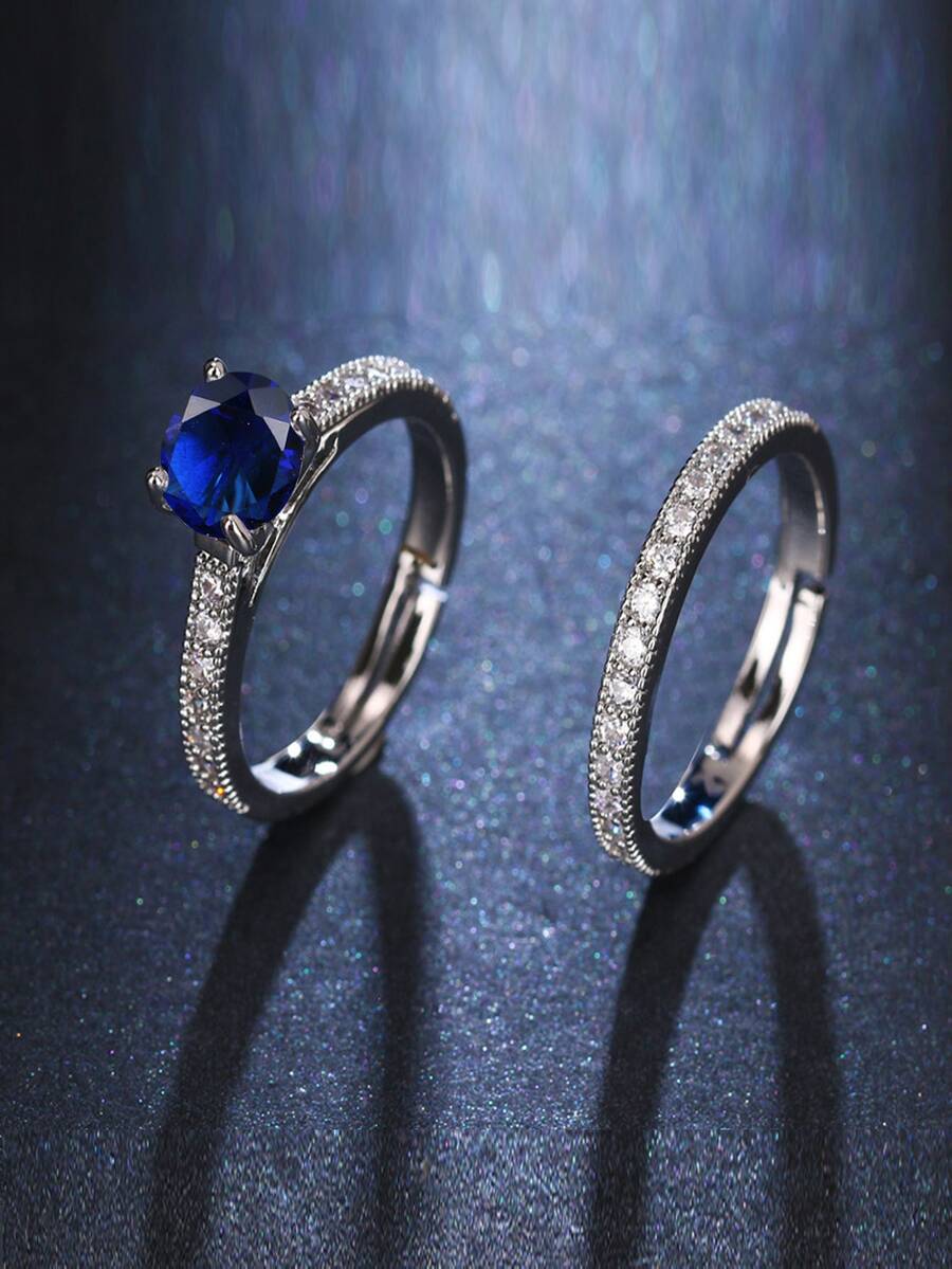 1對情侶戒指,不尋常的設計婚禮訂婚戒指,紀念生日皇家紀念禮品 - 寶藍色 - 查看 1