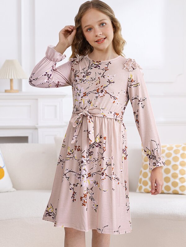 Rochie pentru fete Tween, cu gât rotund, cu imprimeu floral, cu mâneci lungi, cu volane și curea