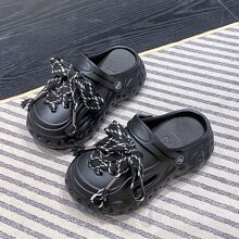 中性情侶風格鏤空設計帶扣涼鞋,ins風格厚底防滑拖鞋適用於四季 - 黑色 - 查看 1