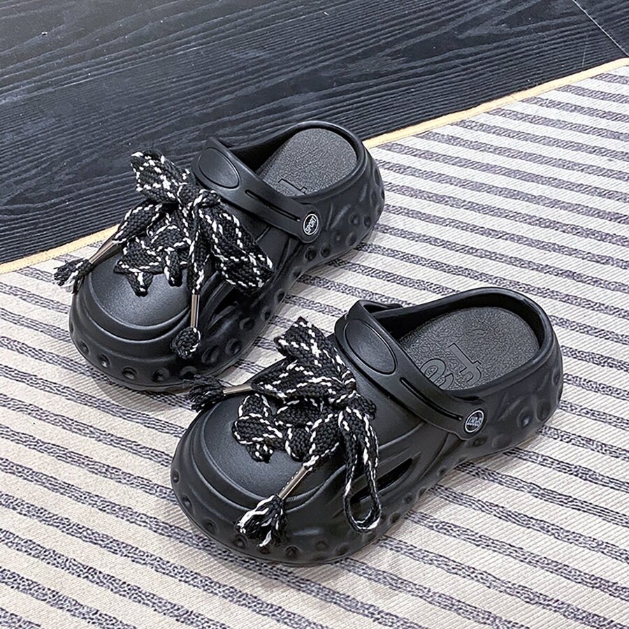 中性情侶風格鏤空設計帶扣涼鞋,ins風格厚底防滑拖鞋適用於四季 - 黑色 - 查看 1