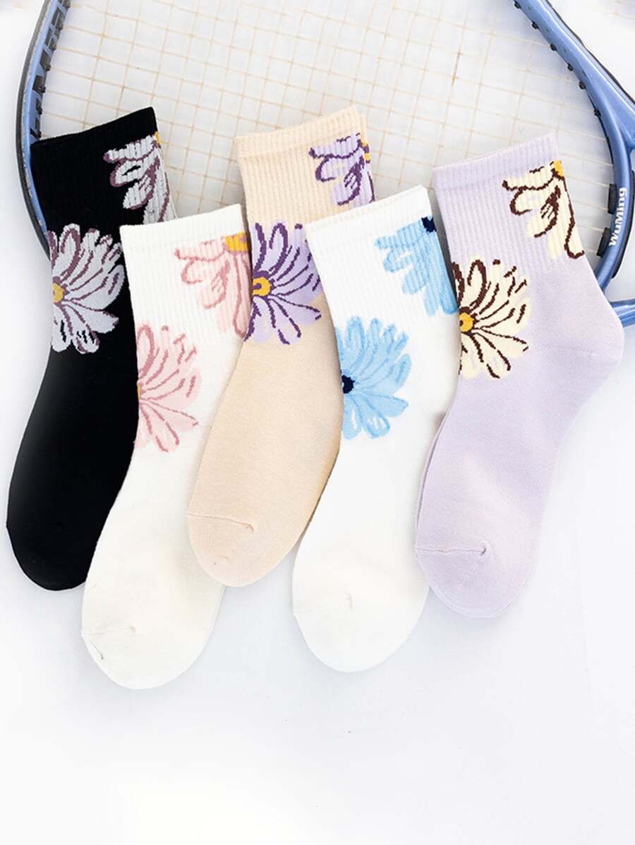 5 Pairs Women's Multicolor Chrysanthemum Patterned Socks, Heart & Fashionable Mid-calf Length - Multicolor - View 1