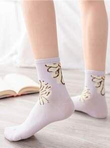 5 Pairs Women's Multicolor Chrysanthemum Patterned Socks, Heart & Fashionable Mid-calf Length - Multicolor - View 3