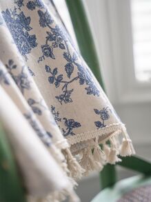 2入組波西米亞風格花卉印花半透明復古窗簾,藍色和米色流蘇裝飾,適用於客廳、臥室、廚房、餐廳、健身房、咖啡廳等場所。 - 米色 - 查看 7