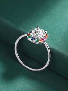 Elegant 925 Sterling Silver Colorful Gemstone Square Shaped Cubic Zirconia Women's Ring