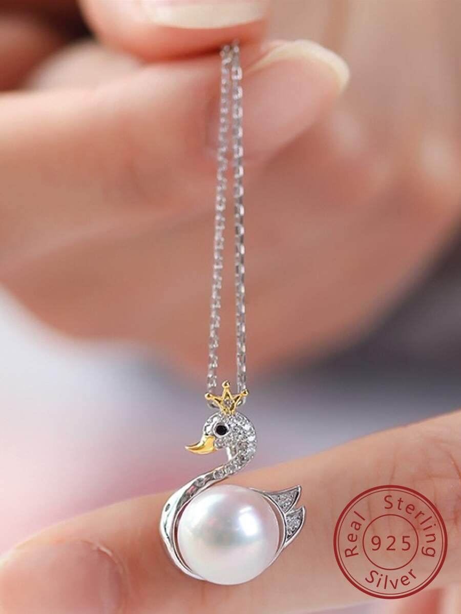 1 件仿珍珠吊坠，925 纯银项链，天鹅款式