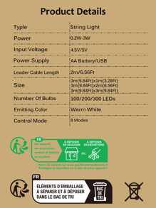 LED 窗帘灯串，USB 供电，铜线，LED 仙女灯花环，用于新年婚礼派对花园家居窗帘圣诞装饰灯 - 白色 - 查看 7