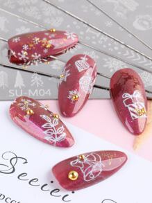 FULL BEAUTY 聖誕美甲壓花板5入組,包含雪花、聖誕樹、鈴鐺、花環、麋鹿,美甲模具壓花版,美甲印花模板,美甲工具 - 銀色 - 查看 9