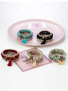 波西米亞風格多層珠子手鍊彈性伸縮手鍊 - 紅色 - 查看 2