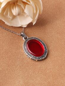 1入組合金平底瑪瑙鑲嵌吊墜復古項鏈套裝適合女士 - 紅色 - 查看 4