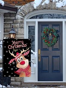 1入組馴鹿及雪花設計雙面印花平紋花邊園藝旗幟,用於聖誕節裝飾,不包括旗桿 - 黑色 - 查看 2