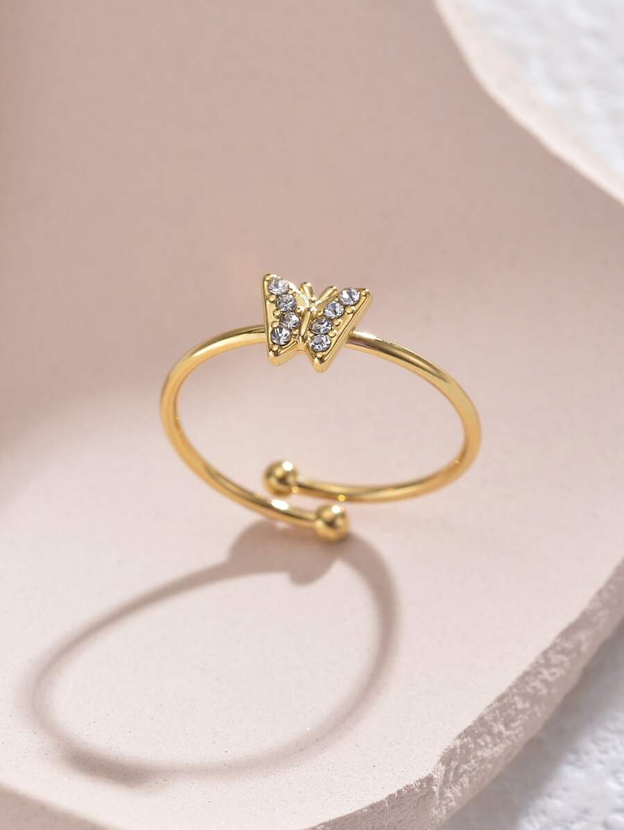 1pc Fashionable Stainless Steel Butterfly Shaped Ring With Rhinestone Detail, Daily Wear For Women - Yellow Gold - View 1