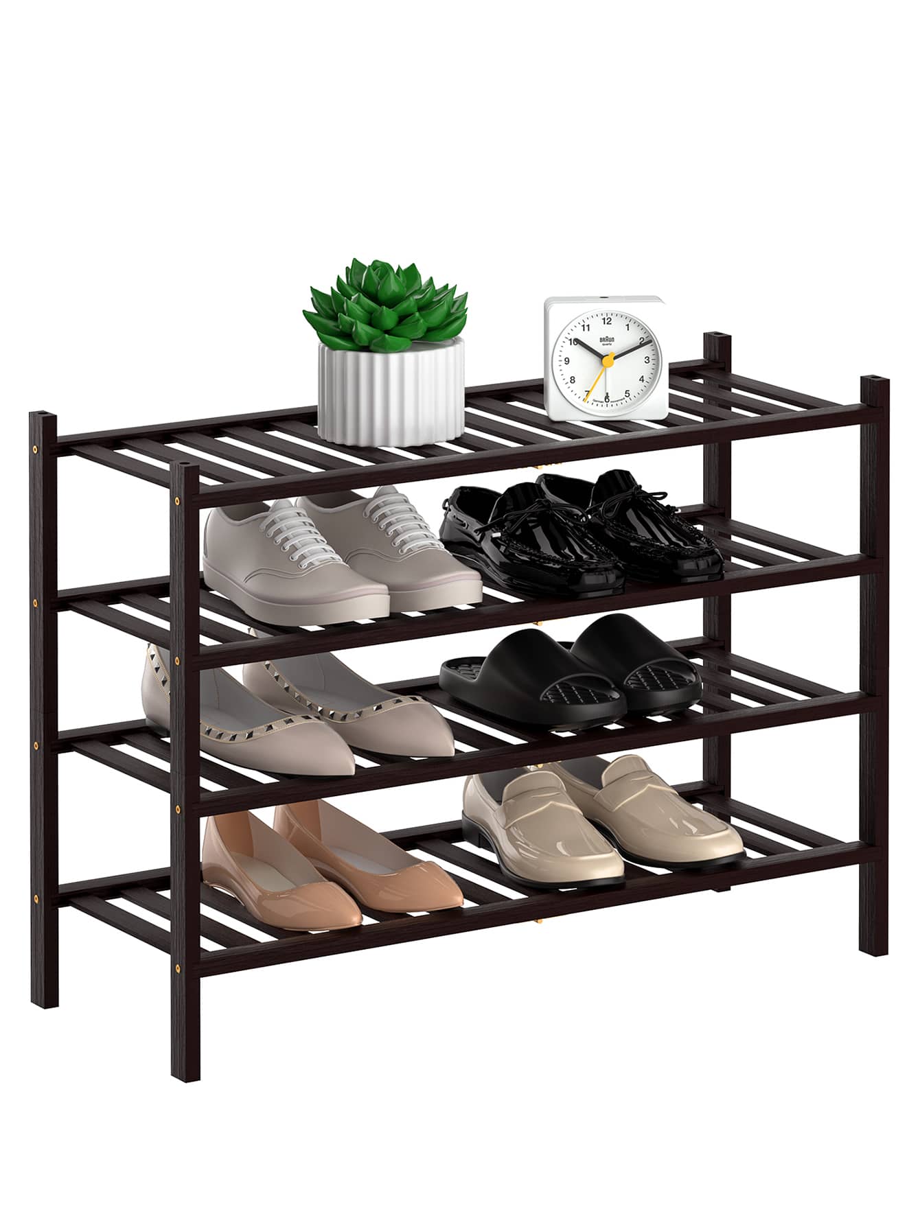 可摺疊式4層天然竹鞋架-可堆疊式儲物架,具有多功能組合-自立式鞋架,方便鞋子整理,尺寸為11英寸d X 27英寸w X 28英寸h - 棕色 - 查看 1