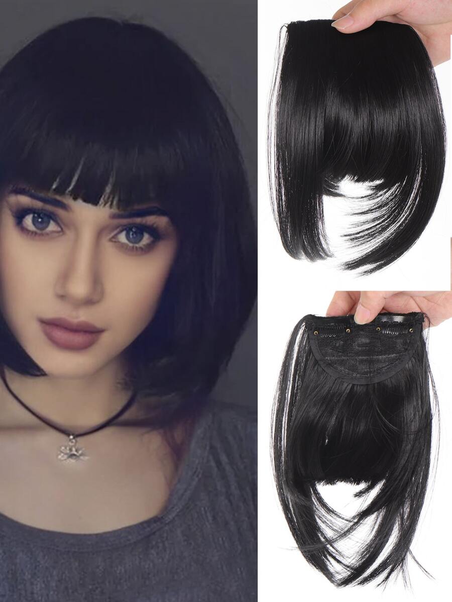 Synthetic Wig Bangs 2Clips In Hair Extension Neat Front Fake Fringe Natural False Hairpiece For Women Clip In Bangs - Black - View 1