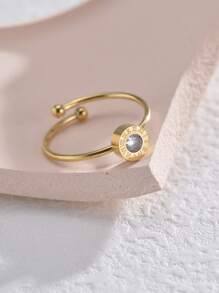 1pc Fashionable Stainless Steel Roman Numerals Ring With Rhinestone, Perfect For Women's Daily Wear - Yellow Gold - View 2