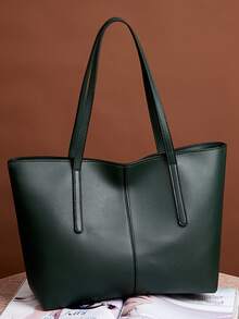 Ladies' Solid Color Minimalistic Shoulder Tote Bag - Green - View 2