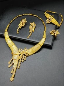 Lujoso Juego De Joyas De Oro Para Mujer, Que Incluye Collar, Aretes, Pulsera Y Anillo, Perfecto Para Bodas - Amarillo Oro - Ver 2