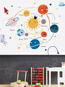 Adhesivo De Pared De Dibujos Animados De Sistema Solar Planetario Pintado A Mano Para La Decoración De La Sala De Estudio, Material De Pvc Removible - Multicolor - Ver 5