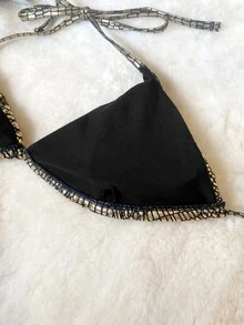 Conjunto de bikini para mujeres, Bikini de tres puntos con patrón de cocodrilo sexy, perfecto para playa, vacaciones y natación en verano - Dorado - Ver 7