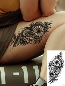 1pc Pvc Watercolor Snake & Flower Line Drawing Temporary Tattoo Sticker, Waterproof & Sweatproof, Suitable For Daily Use Of Fashion Leader - Black - View 3