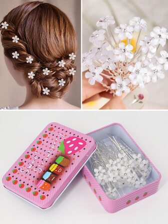 Set de 20 piezas Horquilla, Pasador y Peine para el cabello con decoración de fresa, perla falsa, flor y rhinestone para peinados de novia, moños, accesorios para el cabello, estilo bohemio, artículos escolares, accesorios de perlas falsas, atuendos de vacaciones para mujer, artículos de boda