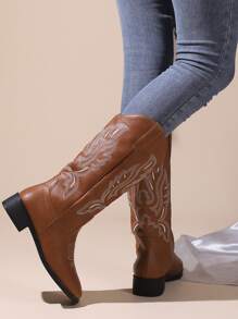 新訂製女式西方牛仔靴,刺繡鞋面,厚跟,寬正方形腳趾,高長筒騎行靴 - 棕色 - 查看 4