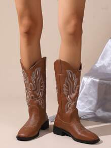 新訂製女式西方牛仔靴,刺繡鞋面,厚跟,寬正方形腳趾,高長筒騎行靴 - 棕色 - 查看 5