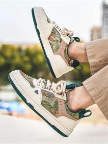 男士前繫帶油畫圖案運動鞋,運動戶外板鞋 - 米色 - 查看 8